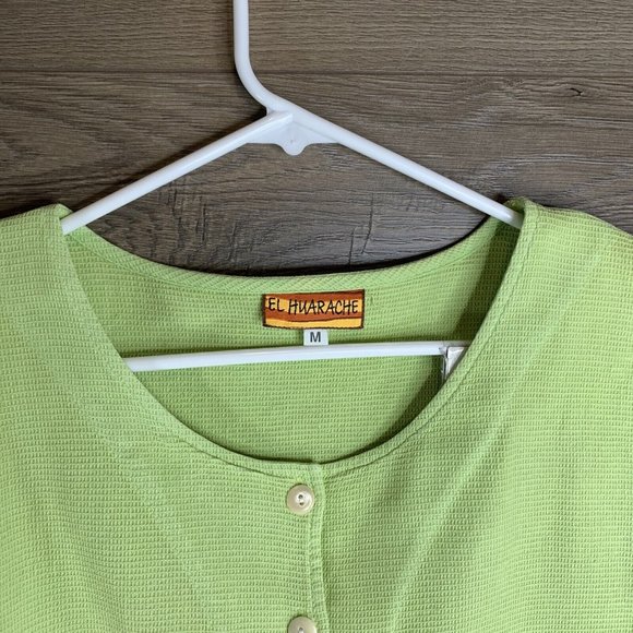 El Huarache Top Womens Medium Lime Green Button Up Shirt High/Low Hem LS - Picture 5 of 7